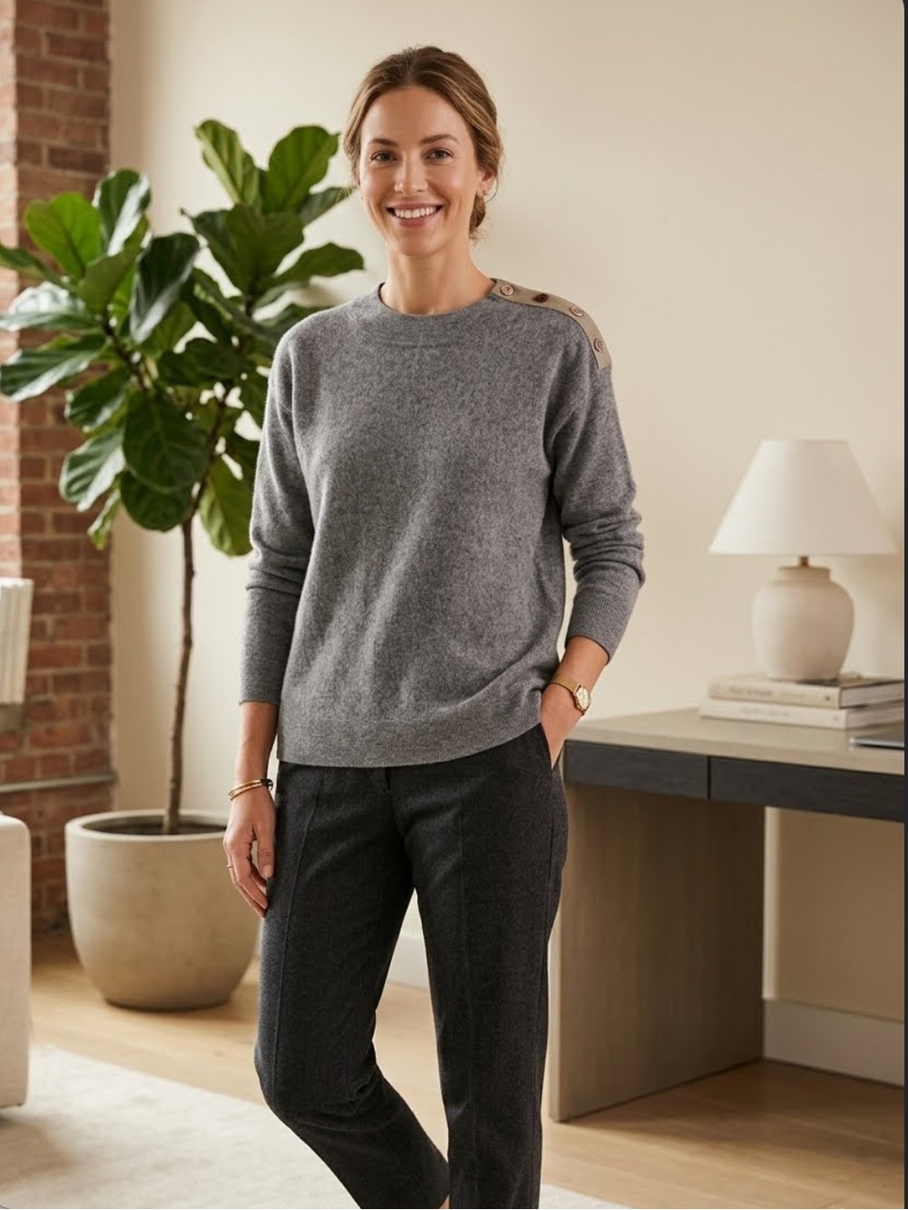 Repeat Luxury Cashmere Sweater Wool Cashmere Knit Button Trim Quiet Luxury S